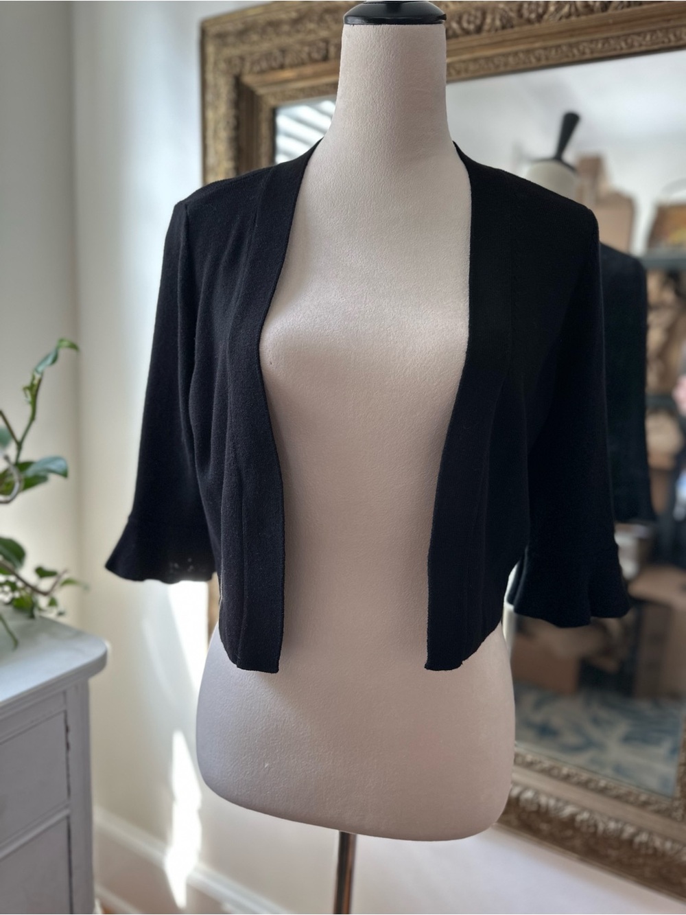 Talbot’s cardigan short bolero black soft chic preppy cotton modal ruffle